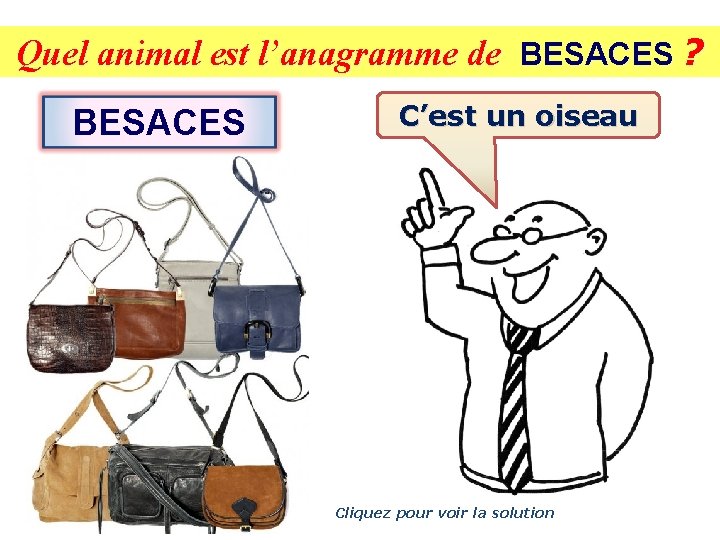 Quel animal est l’anagramme de BESACES ? BESACES C’est un oiseau Cliquez pour voir