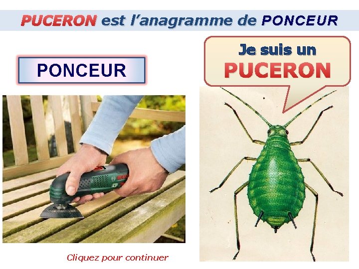PUCERON est l’anagramme de PONCEUR Je suis un PONCEUR Cliquez pour continuer PUCERON 