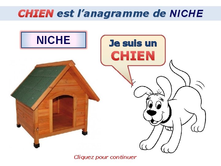 CHIEN est l’anagramme de NICHE Je suis un CHIEN Cliquez pour continuer 