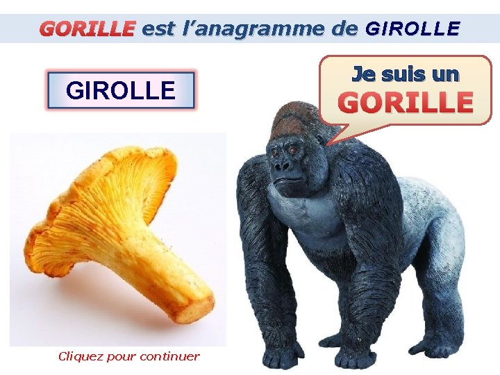 GORILLE est l’anagramme de GIROLLE Cliquez pour continuer Je suis un GORILLE 