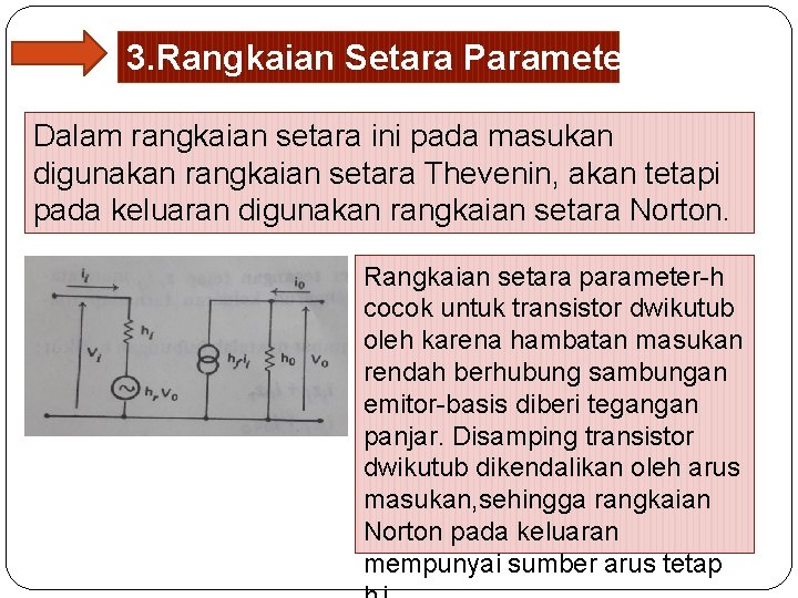 3. Rangkaian Setara Parameter-h Dalam rangkaian setara ini pada masukan digunakan rangkaian setara Thevenin,