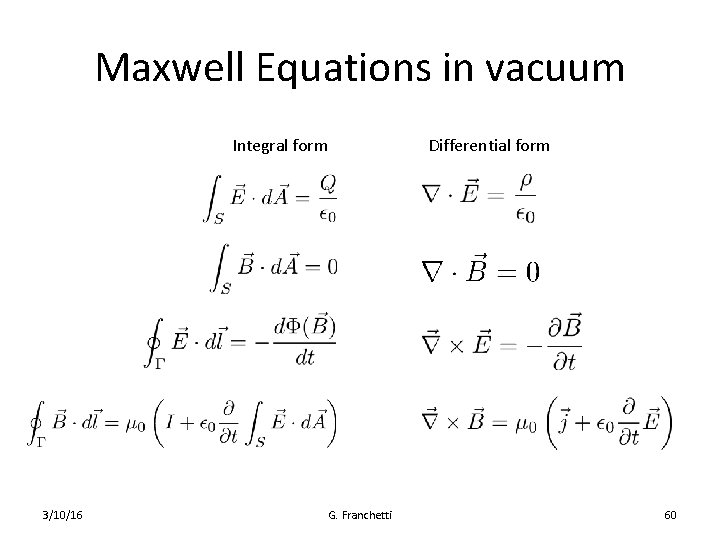 Maxwell Equations in vacuum Integral form 3/10/16 Differential form G. Franchetti 60 