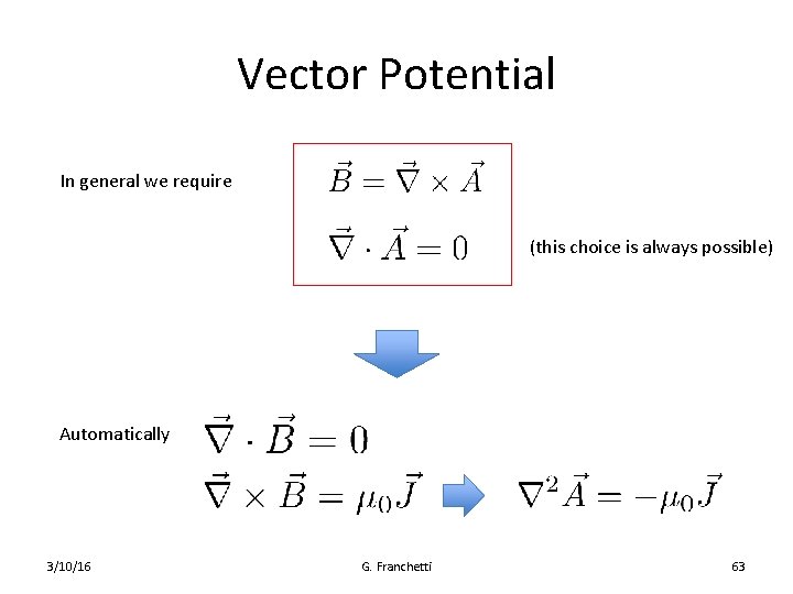 Vector Potential In general we require (this choice is always possible) Automatically 3/10/16 G.