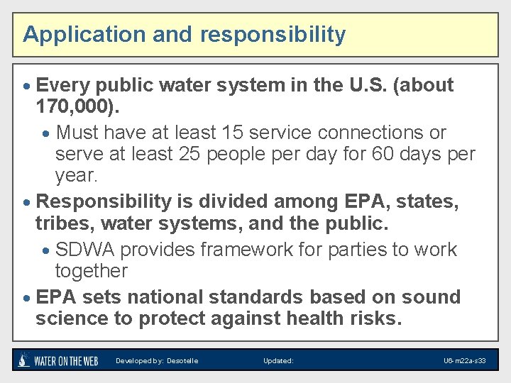 Application and responsibility · Every public water system in the U. S. (about 170, Application and responsibility · Every public water system in the U. S. (about 170,