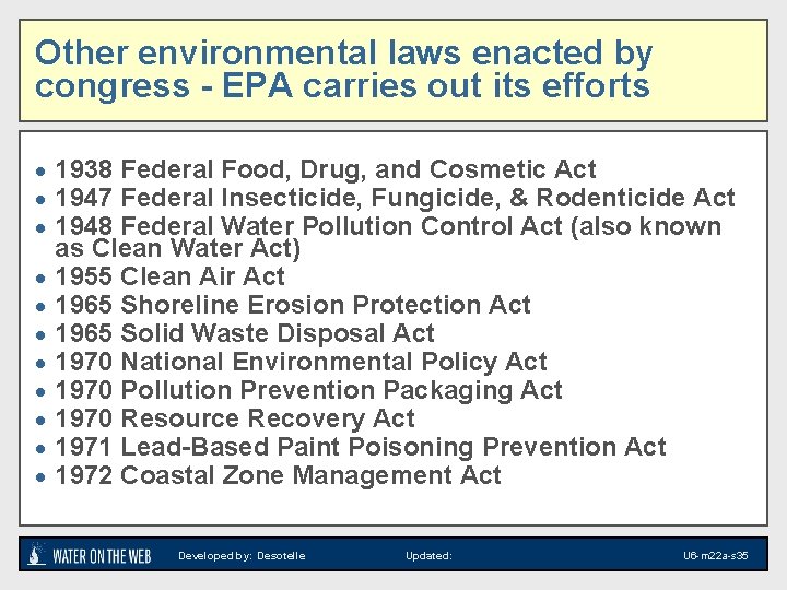 Other environmental laws enacted by congress - EPA carries out its efforts · 1938 Other environmental laws enacted by congress - EPA carries out its efforts · 1938