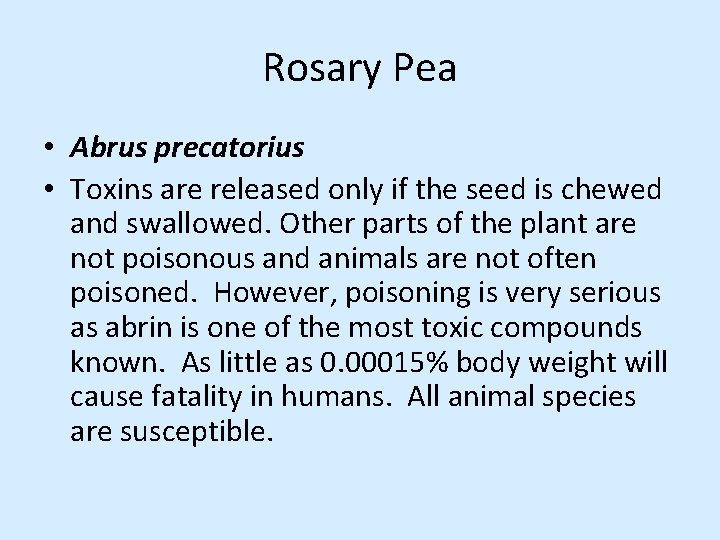 Rosary Pea • Abrus precatorius • Toxins are released only if the seed is Rosary Pea • Abrus precatorius • Toxins are released only if the seed is