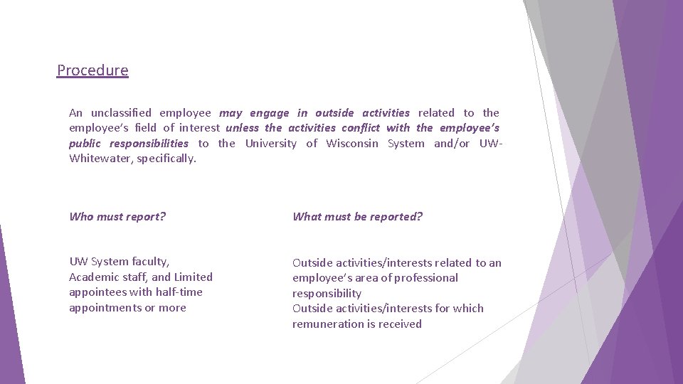 Procedure An unclassified employee may engage in outside activities related to the employee’s field Procedure An unclassified employee may engage in outside activities related to the employee’s field