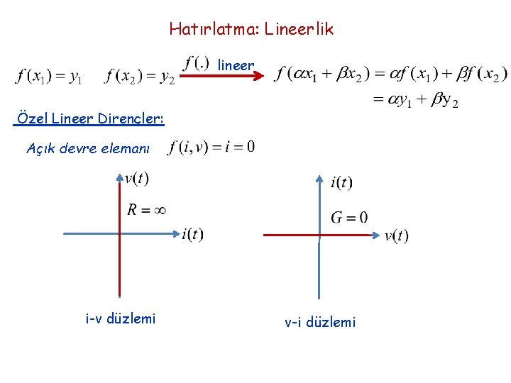 Hatırlatma: Lineerlik lineer Özel Lineer Dirençler: Açık devre elemanı i-v düzlemi v-i düzlemi 