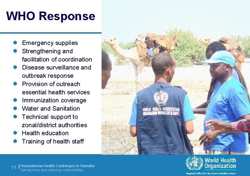 WHO Response l Emergency supplies l Strengthening and facilitation of coordination l Disease surveillance