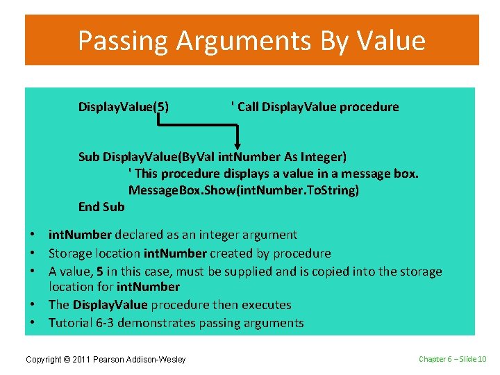 Passing Arguments By Value Display. Value(5) ' Call Display. Value procedure Sub Display. Value(By.