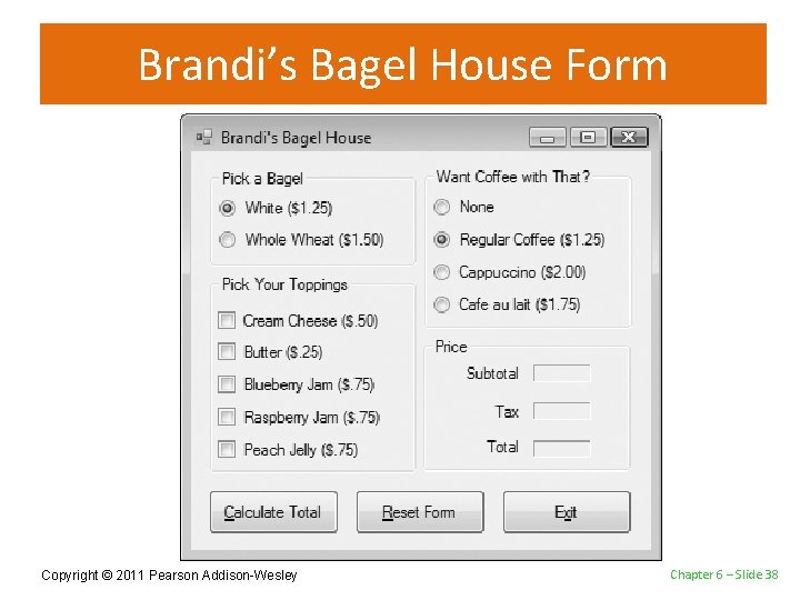 Brandi’s Bagel House Form Copyright © 2011 Pearson Addison-Wesley Chapter 6 – Slide 38