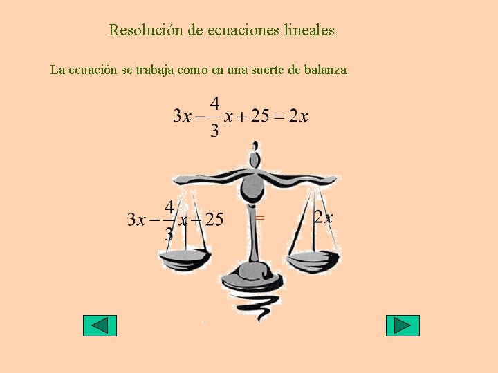 Resolución de ecuaciones lineales La ecuación se trabaja como en una suerte de balanza