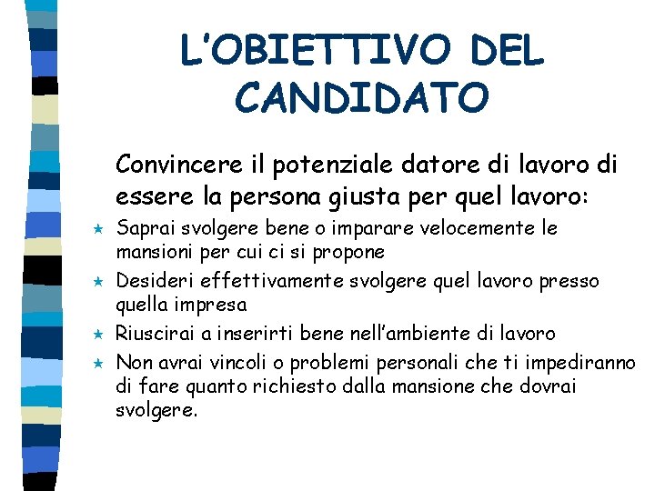 L’OBIETTIVO DEL CANDIDATO Convincere il potenziale datore di lavoro di essere la persona giusta