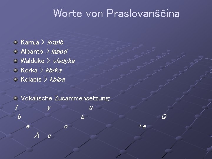 Worte von Praslovanščina Karnja > krańb Albanto > labod Walduko > vladyka Korka >
