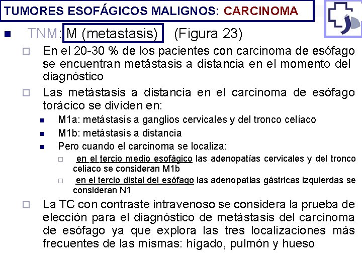 TUMORES ESOFÁGICOS MALIGNOS: CARCINOMA n TNM: M (metastasis) ¨ ¨ En el 20 -30