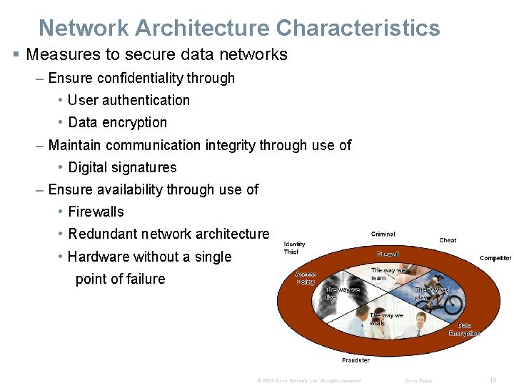 Network Architecture Characteristics § Measures to secure data networks – Ensure confidentiality through •