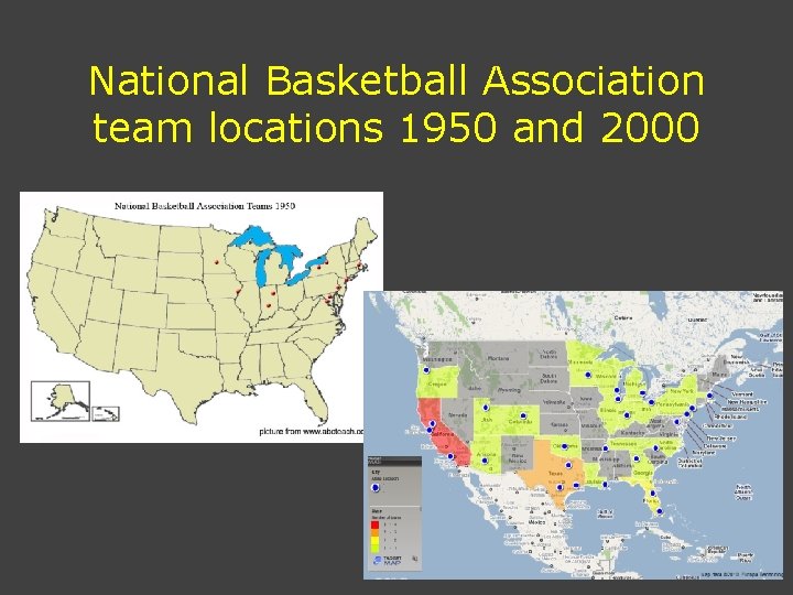 National Basketball Association team locations 1950 and 2000 