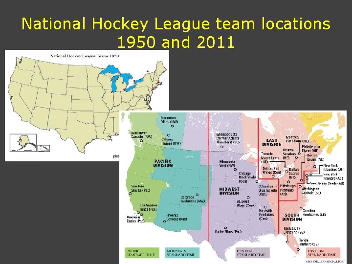 National Hockey League team locations 1950 and 2011 