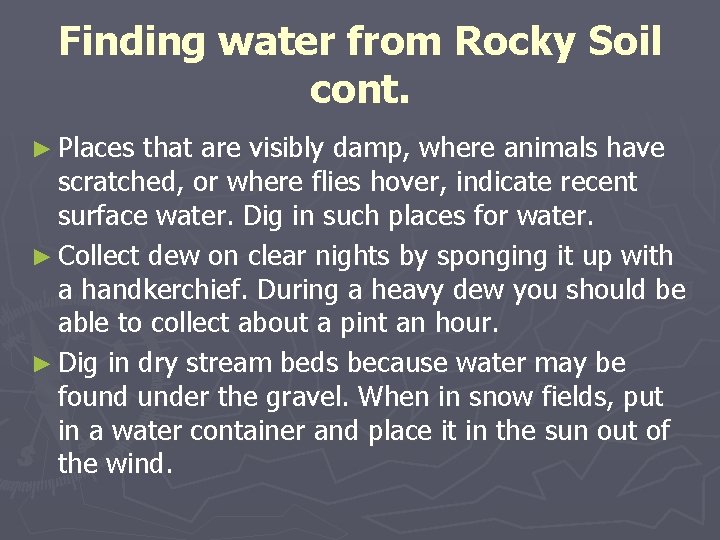 Finding water from Rocky Soil cont. ► Places that are visibly damp, where animals Finding water from Rocky Soil cont. ► Places that are visibly damp, where animals