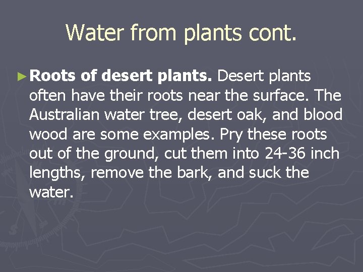 Water from plants cont. ► Roots of desert plants. Desert plants often have their Water from plants cont. ► Roots of desert plants. Desert plants often have their