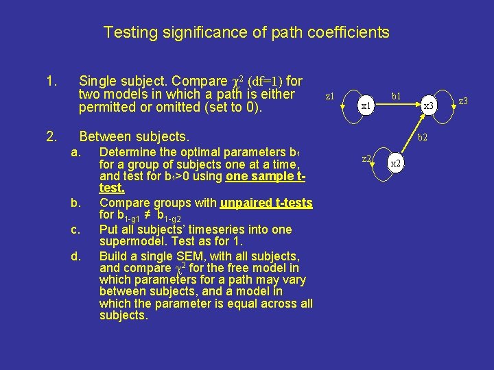 Testing significance of path coefficients 1. 2. Single subject. Compare 2 (df=1) for two