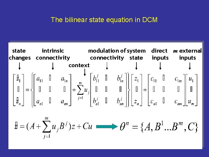 The bilinear state equation in DCM modulation of system direct m external state intrinsic