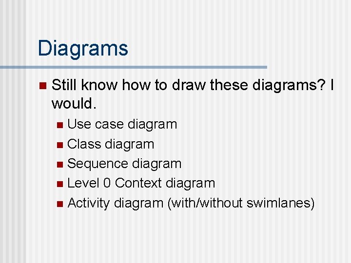 Diagrams n Still know how to draw these diagrams? I would. Use case diagram