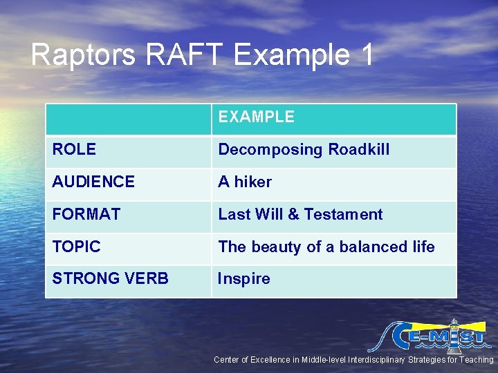 Raptors RAFT Example 1 EXAMPLE ROLE Decomposing Roadkill AUDIENCE A hiker FORMAT Last Will Raptors RAFT Example 1 EXAMPLE ROLE Decomposing Roadkill AUDIENCE A hiker FORMAT Last Will