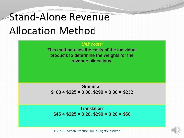 Stand-Alone Revenue Allocation Method Unit costs: This method uses the costs of the individual
