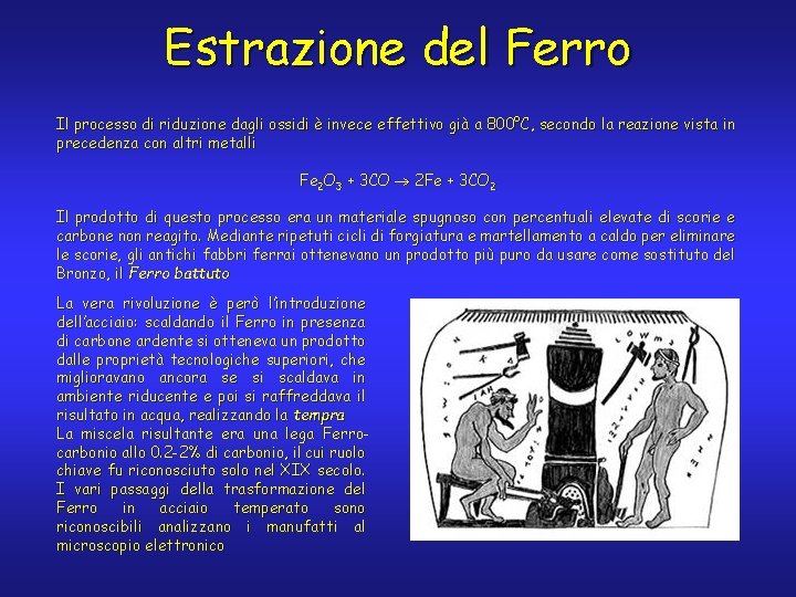 Estrazione del Ferro Il processo di riduzione dagli ossidi è invece effettivo già a