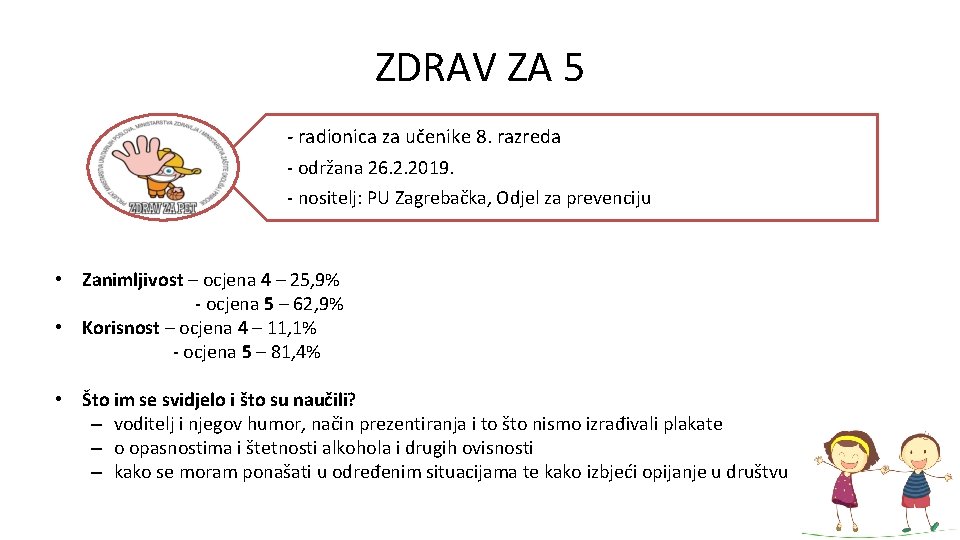 ZDRAV ZA 5 - radionica za učenike 8. razreda - održana 26. 2. 2019.