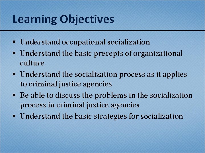 Learning Objectives § Understand occupational socialization § Understand the basic precepts of organizational culture