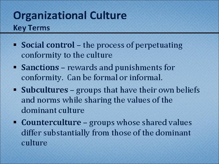 Organizational Culture Key Terms § Social control – the process of perpetuating conformity to