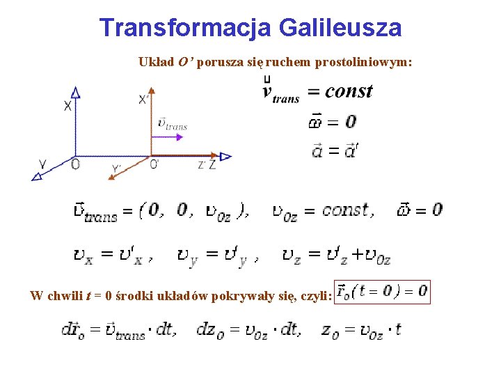 Transformacja Galileusza Układ O’ porusza się ruchem prostoliniowym: W chwili t = 0 środki