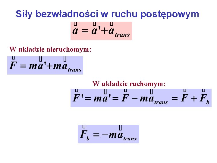 Siły bezwładności w ruchu postępowym W układzie nieruchomym: W układzie ruchomym: 