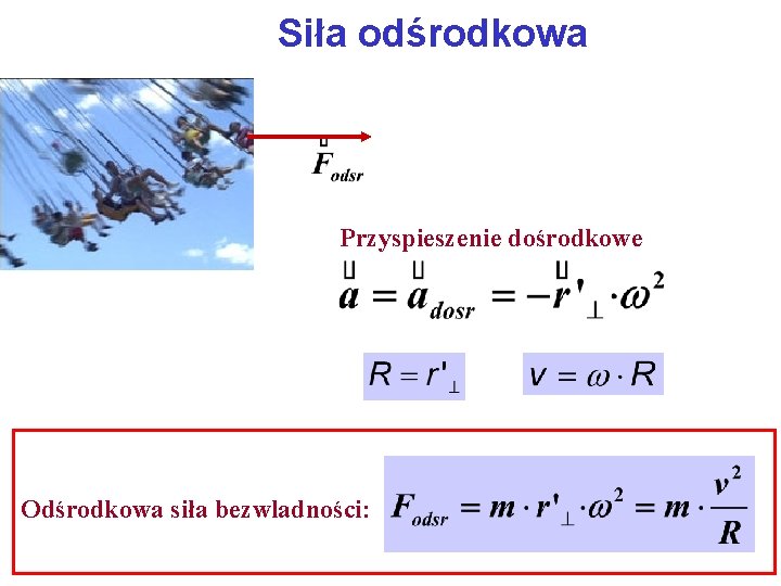 Siła odśrodkowa Przyspieszenie dośrodkowe Odśrodkowa siła bezwladności: 