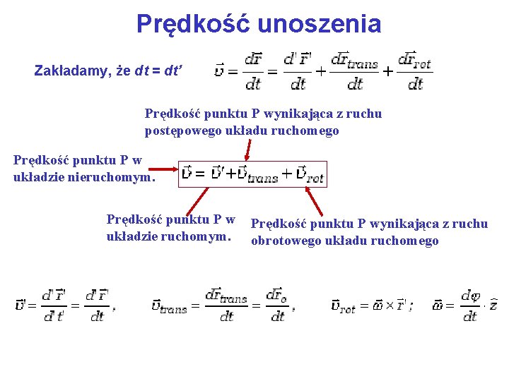 Prędkość unoszenia Zakładamy, że dt = dt’ Prędkość punktu P wynikająca z ruchu postępowego