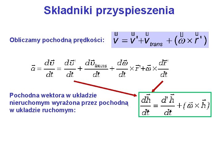 Składniki przyspieszenia Obliczamy pochodną prędkości: Pochodna wektora w układzie nieruchomym wyrażona przez pochodną w