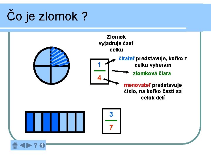 Čo je zlomok ? Zlomok vyjadruje časť celku čitateľ predstavuje, koľko z celku vyberám