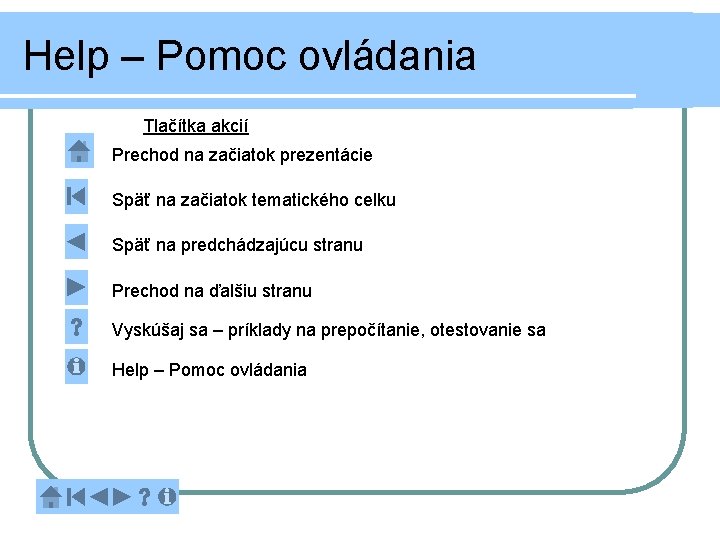 Help – Pomoc ovládania Tlačítka akcií Prechod na začiatok prezentácie Späť na začiatok tematického