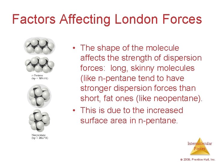 Factors Affecting London Forces • The shape of the molecule affects the strength of