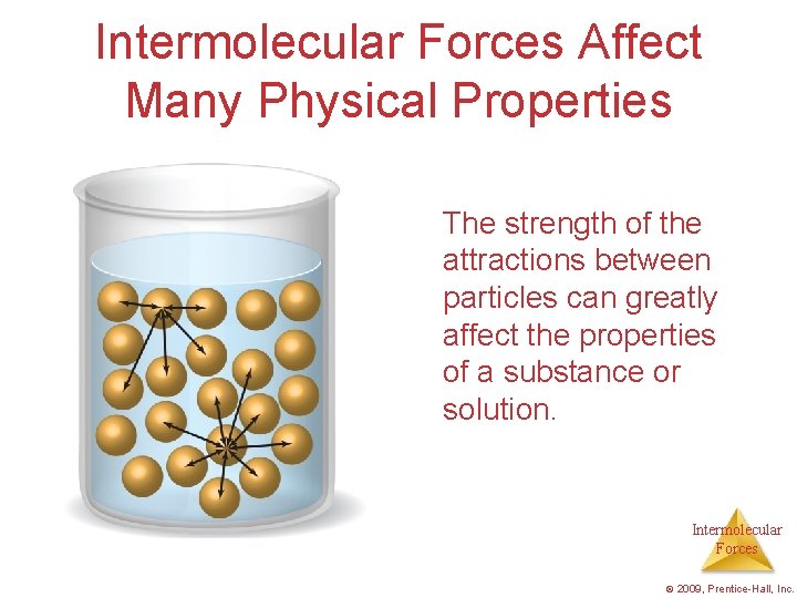 Intermolecular Forces Affect Many Physical Properties The strength of the attractions between particles can