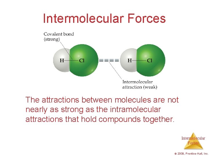 Intermolecular Forces The attractions between molecules are not nearly as strong as the intramolecular