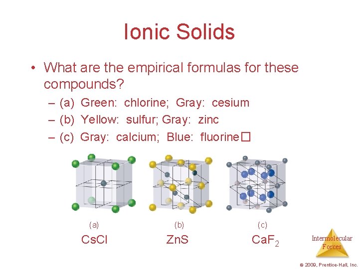 Ionic Solids • What are the empirical formulas for these compounds? – (a) Green: