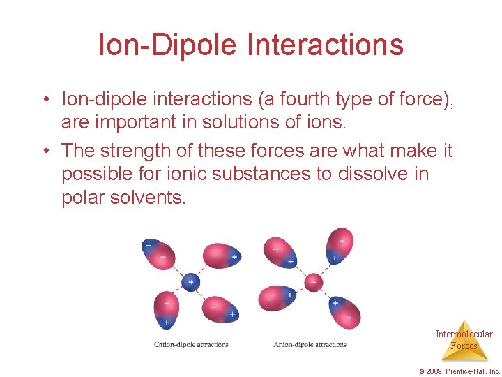 Ion-Dipole Interactions • Ion-dipole interactions (a fourth type of force), are important in solutions