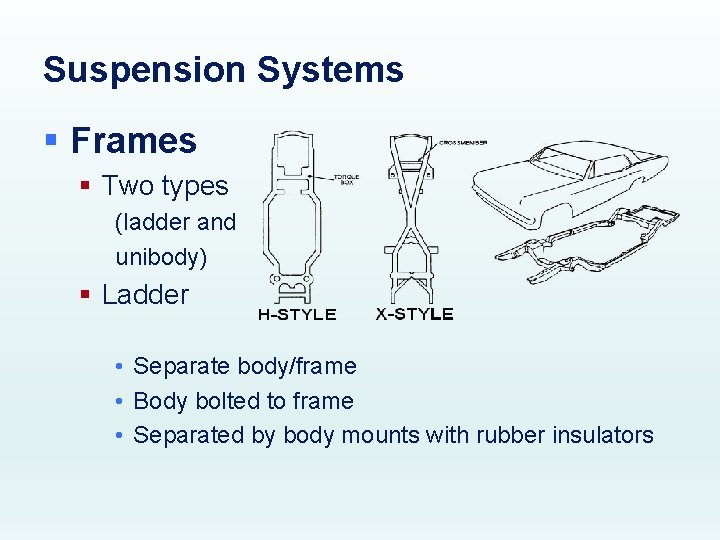 Suspension Systems § Frames § Two types (ladder and unibody) § Ladder • Separate