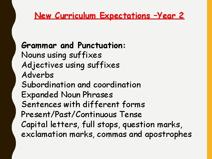 New Curriculum Expectations –Year 2 Grammar and Punctuation: Nouns using suffixes Adjectives using suffixes