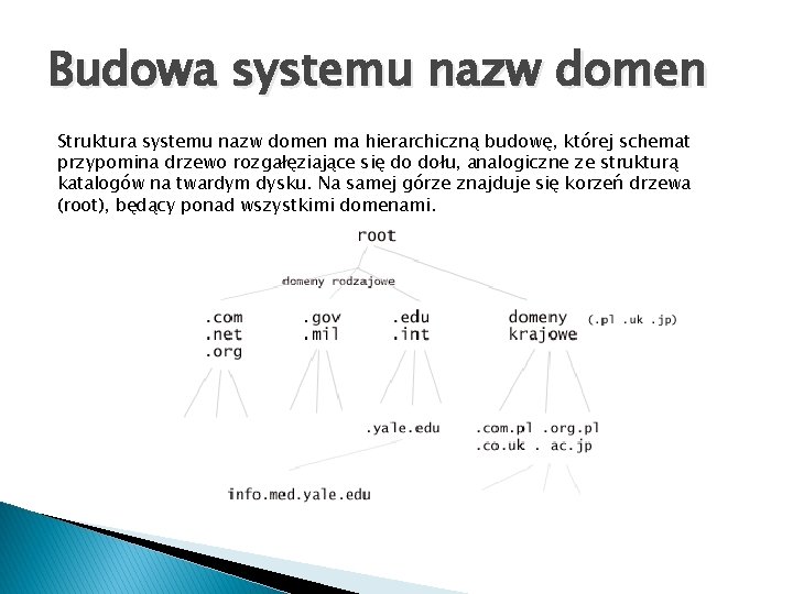 Budowa systemu nazw domen Struktura systemu nazw domen ma hierarchiczną budowę, której schemat przypomina Budowa systemu nazw domen Struktura systemu nazw domen ma hierarchiczną budowę, której schemat przypomina