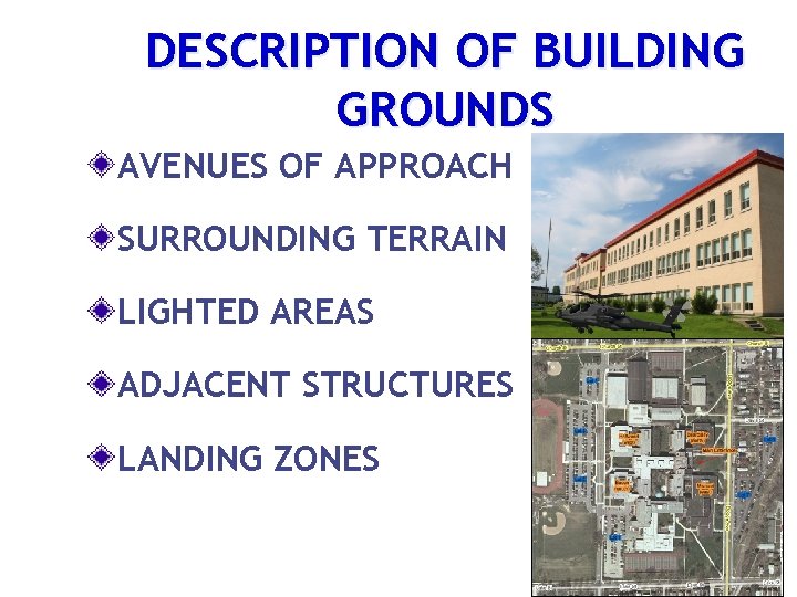 DESCRIPTION OF BUILDING GROUNDS AVENUES OF APPROACH SURROUNDING TERRAIN LIGHTED AREAS ADJACENT STRUCTURES LANDING