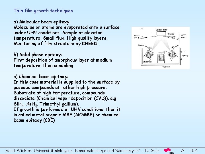 Thin film growth techniques a) Molecular beam epitaxy: Molecules or atoms are evaporated onto